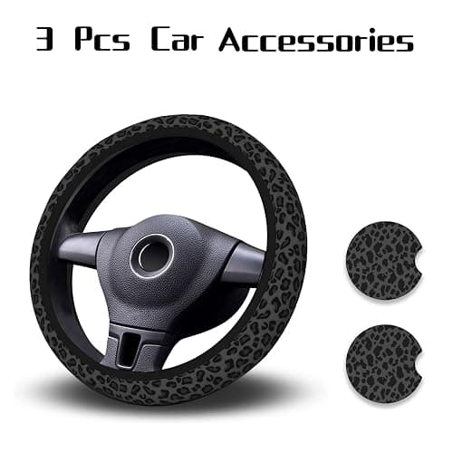 KARREAL Leopard Print Steering Wheel Cover & Coasters, Black, 14.5-15 Inch, Car, SUVs, Trucks thumbnail 2