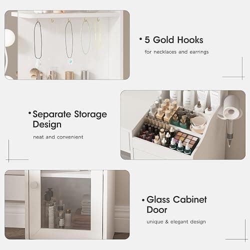 Vabches Vanity with Mirror and Lights, Makeup Vanity Table with Charging Station, Cute Vanity Set with Comfortable Bench, Dressing Table with 3 Storage Compartments, 39.8inch, White thumbnail 7