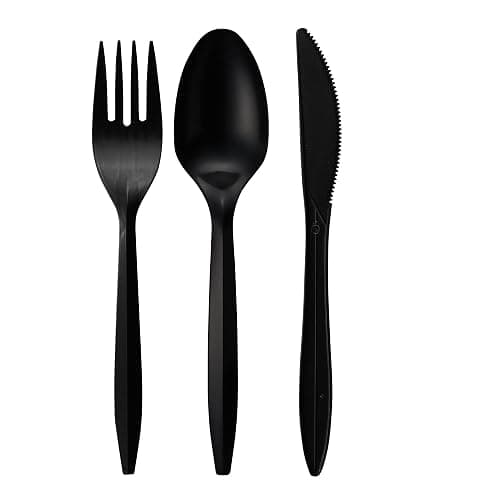 1,000 Plastic Disposable Cutlery Bulk Variety Pack Black Medium Weight Includes 334 forks, 333 knives, 333 soup spoons, Disposable Silverware Plastic Cutlery thumbnail 7