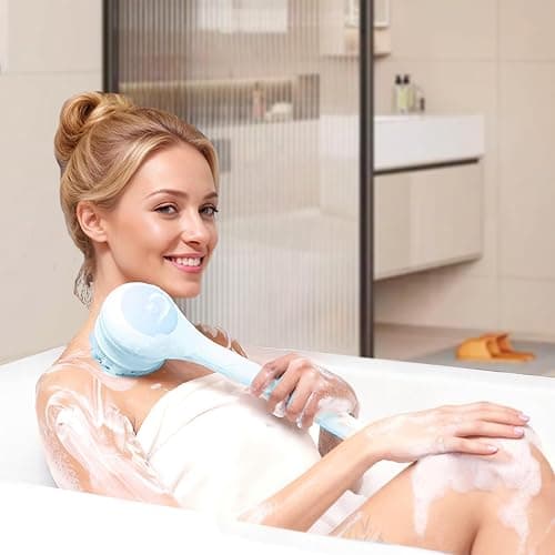 Oh,XIYU. Electric Body Brush Back Scrubber for Shower, Waterproof Long Dual Handle Power Body Scrubber with 3 Heads, Bath Brush & 2 Speeds, for Cleansing, Exfoliating and Massaging Skin, Sky Blue thumbnail 8
