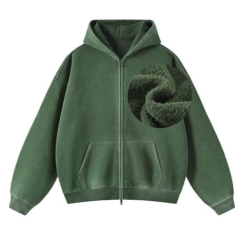 Talakeno Womens Double Zip Up Hoodies Oversized Heavyweight Fleece Sweatshirt Acid Wash Hoodie Vintage Distress Cotton Jacket - Image 1
