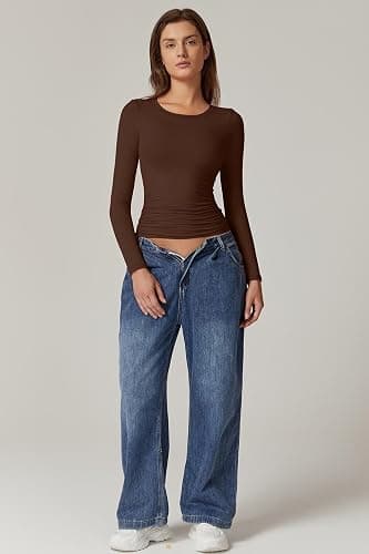 QINSEN Womens Crewneck Long Sleeve Shirt Double Lined Basic Tees Side Ruched Going Out Crop Tops thumbnail 5