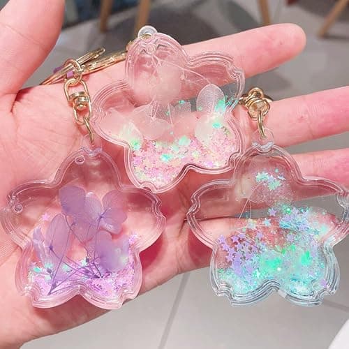 Fishjhan Cute Keychains for Women Girl Kawaii Car Keys Accessories Liquid Flower Water Backpack Keychain - Pink thumbnail 3