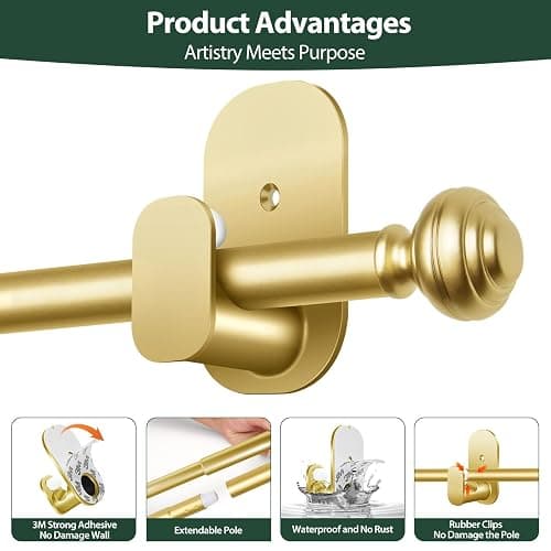 KAMANINA Curtain Rods No Drilling for Windows 32 to 86 Inches, 5/8 Inch Diameter Adjustable Drapery Pole with Adhesive Brackets, Gold thumbnail 9