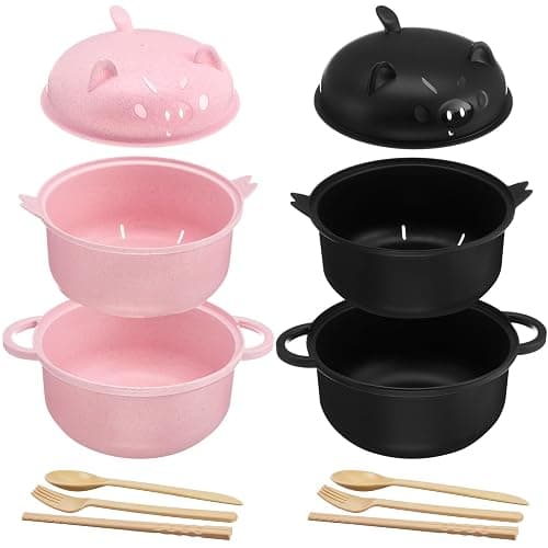 Romooa 2 Sets Large 45oz Ramen Noodle Bowl Microwavable Cute Pig Ramen Cooker Wheat Straw Microwave Bowl with Strainer Lid Handle Spoon Chopsticks Fork Gift for Home Dorm College Office (Pink,Black) - Image 1
