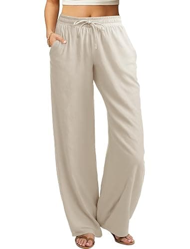 keriffe Women's Summer Casual Pants Loose Fit Beach Pants High Waist Drawstring Wide Straight Leg Palazzo Trousers Pockets - Image 1