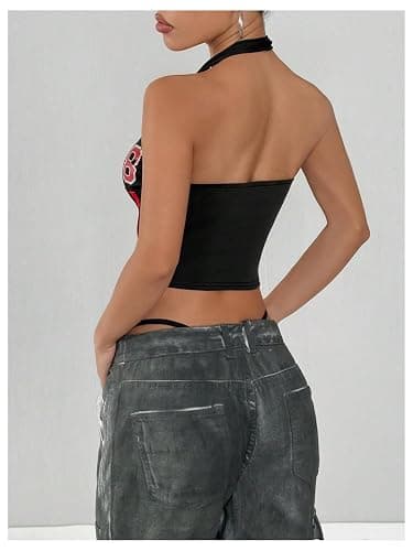 Milumia Women Graphic Jersey Shirts Backless Halter Top Sexy Deep V Neck Sleeveless Crop Tops Streetwear thumbnail 3