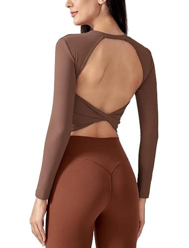 ABOCIW Workout Tops for Women Open Back Longline Sports Bras Athletic Crop Top Cap Sleeve Gym T Shirts with Built in Bra - Image 1