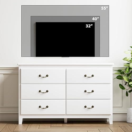 White Dresser, Modern 6 Drawer Double Dresser for Bedroom Adults & Kids with Vintage Gold Handles, Wide Dressers & Chests of Drawers, 6 Drawer Dressers for Hallway, Antique White thumbnail 8