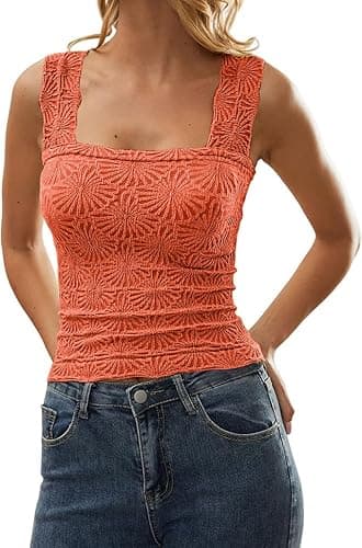 AIHUKOCY Women Square Neck Wide Strap Floral Crop Tank Top Sleeveless Lettuce Trim Solid Slim Cropped Cami Vest Tops - Small - Orange