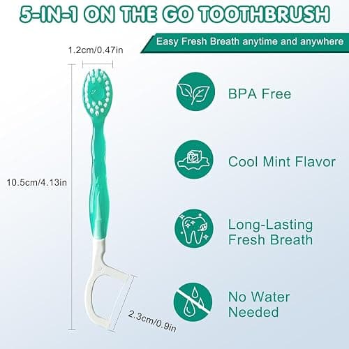 FOREVIVE Mini Toothbrush Disposable with Toothpaste,Tongue Scrapers,Floss and Pick.Travel Tooth Brush Pack for Work or Travel.Individually Wrapped, 10 Count, Mint and Three Other Fruit Flavors - Green+pink|+blue+red - 1 Count (Pack of 12) thumbnail 6