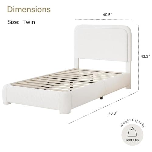 BarnFurin Twin Bed Frames with Headboard,Cloud Boucle Upholstered Platform Bed, Modern Style, Soft Rounded Corners, No Box Spring Needed, Easy Assembly, White thumbnail 2