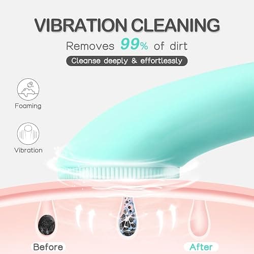 PRITECH Silicone Face Scrubber, Rechargeable Facial Cleansing Brush with Heat Massage End, Vibrating Exfoliator Scrubber for Deep Cleaning, Waterproof Face Brush for Women and Men (Green) thumbnail 2