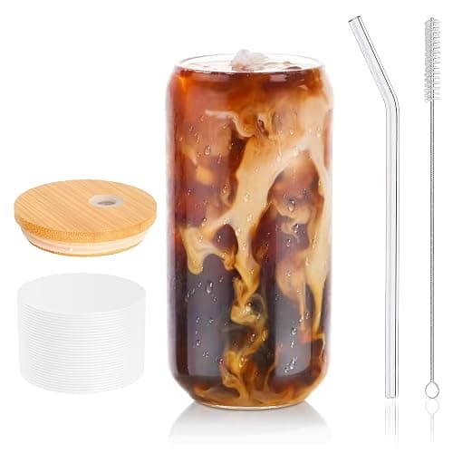 DAMCONME Iced Matcha Cup with Lid and Straw, 16 oz Reusable Glass Tumbler with Bamboo Lid, White Silicone Sleeve and Cleaning Brush, for Iced Matcha Lattes and Cold Brew - Image 1