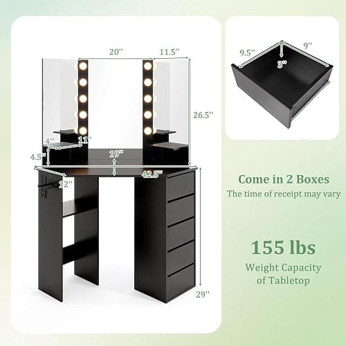 CHARMAID Corner Vanity Desk with Mirror and Lights, Black Makeup Vanity Table with 5 Drawers, Storage Shelves, Charging Station, 3 Lighting Modes, Compact Vanity Dressing Table for Small Space thumbnail 2