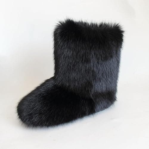 QMFUR Women's Furry Faux Fur Boots Fuzzy Fluffy Mid Calf Snow Boots Suede Warm Fur Lined Booties Flat Fashion Boots thumbnail 3