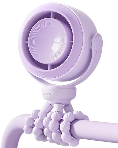 SWEETFULL Portable Stroller Fan, Pinch-Proof Baby Fan - Purple | Wide Turbine Airflow; Safe Design; LED Display; 5-Speed; 30dB Quiet; USB-C Rechargeable; Mini Clip On Fan for Car Seat & Bed - Image 1