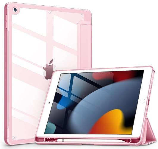 VIKESI Case for iPad 9th / 8th / 7th Generation 10.2 inch (2021/2020/2019 Released), Clear Back, TPU Shockproof Frame Cover[Built-in Pencil Holder,Support Auto Sleep/Wake] for ipad 10.2 - Pink - Image 1