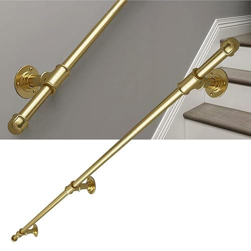 Main courante dorée pour escalier,1,5 m 2 m 2,5 m 3 m Kit complet de garde-corps d'escalier | Main courante d'escalier fixée au mur de barre de support, conception de conduite d'eau de fer en métal - Image 1