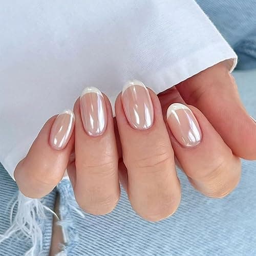 evpct Nude White French Tip Chrome Glazed Press on Nails Short Round Oval | No Glue, Women Manicure with Kit, Soft Reusable, Perfectly Fit, Acrylic Fake Nail, Salon-quality, Full Cover, Daily Wear - Image 1