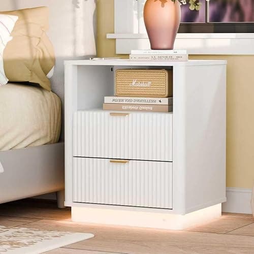 BONITURE Led Fluted Nightstand, Curved Night Stand with Charging Station Lighting, Wood Side Table with 2 Drawers, Modern End Table Storage Cabinet for Bedroom(1, White) thumbnail 8