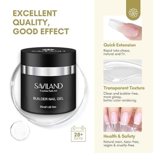 SAVILAND Builder Gel for Nails: 30ml Clear Hard Gel for Extension, Builder with Air Cushion Builder Base &Nail Strengthener Art Manicure Set 100pcs Nail Forms and Acrylic Brushr Thickening Home Use | Dispense By Press, Control Gel Amount Easily, Salon & Home DIY, Includes 100 Forms & Brush, Natural Resin, Lasts 28+ Days thumbnail 4