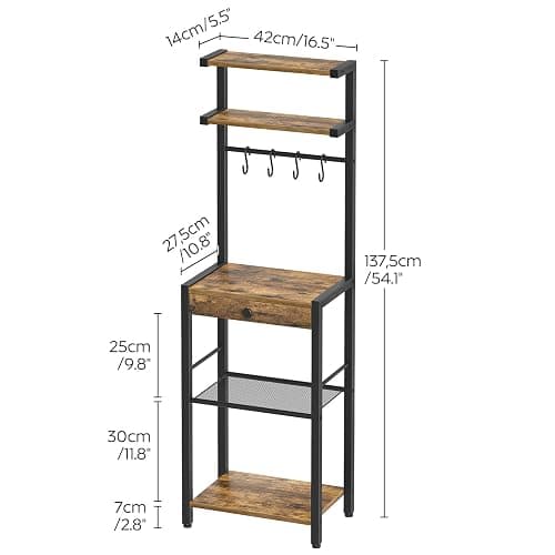 YATINEY Bakers Rack, 5-Tier Coffee Bar Station, Coffee Stand with Pod Drawer Holder, Versatile Kitchen Storage Rack with 4 Hooks, for Living Room, Cafe Corner, Rustic Brown and Black KF01BRY1 thumbnail 3
