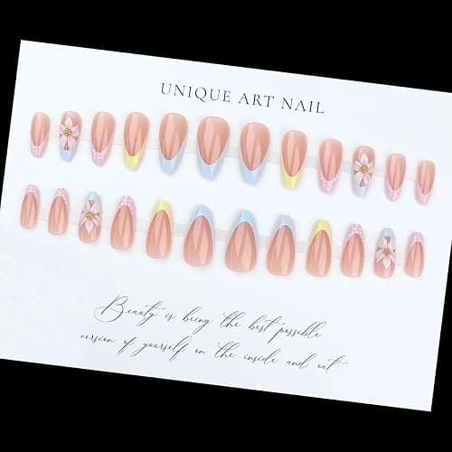 CTTHNBD Medium Press on Nails Almond - Colorful French Tip Fake Nails | Floral Design, Blue , Yellow，Polka Dot, False Nails for Women 24 Pcs thumbnail 5