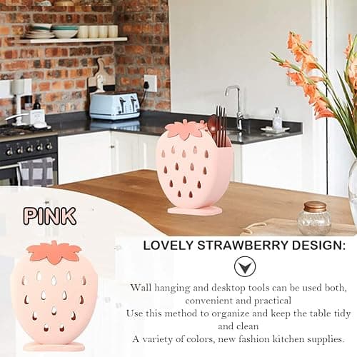 AKOAK 1 Pack Strawberry Chopsticks Stand, Cutlery Storage Box, Suitable for Storing Spoons, Chopsticks, Spoons, Knives and Other Kitchen Utensils (Light Pink) thumbnail 5