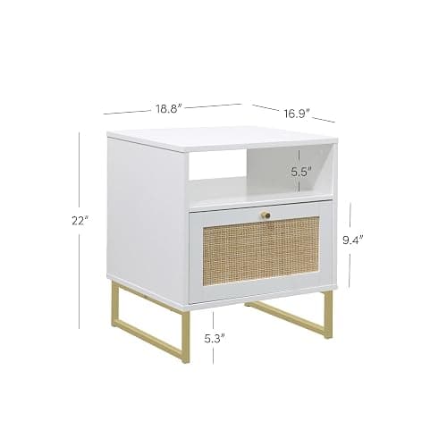 Nathan James Mina Rattan Wood End Side Accent Table Nightstand with Storage for Living Room or Bedroom, 1, White/Gold thumbnail 2