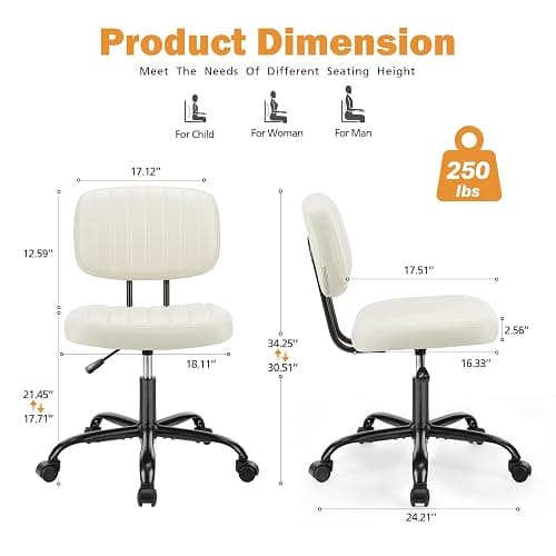 Sweetcrispy Small Office Computer Desk Chair with Wheels and Lumbar Support, Comfy Cute Armlees PU Leather Vanity Rolling Swuvel Task Chair No Arm for Adult, Student - Beige White thumbnail 2