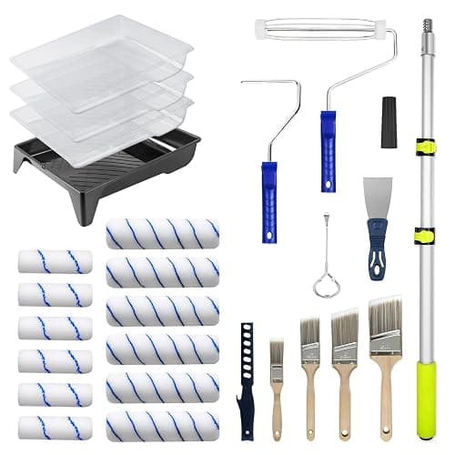 27 PCS Paint Roller Kit with Extension Pole, 4" & 9" Paint Rollers, Professional Paint Brushes for Walls Set, House Painting Supplies, Non-Slip Tray for All Latex and Oil Paints & Stains - Image 1