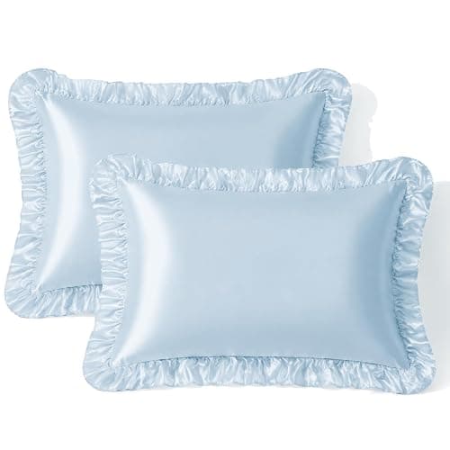 SiinvdaBZX Ruffled Standard Satin Pillowcase Set of 2, Baby Blue | 20 x 26 Inch Silky Satin Pillow Cases for Women Ruffle Pillow Shams Covers Princess Room Decoration, Envelope Closure - Image 1