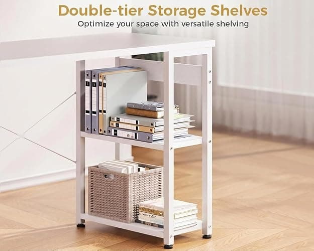 ODK 40 Inch Small White Computer Desk with 4 Fabric Drawers, Modern Office Desk for Home Office Gaming with Storage Shelves Study, White thumbnail 5