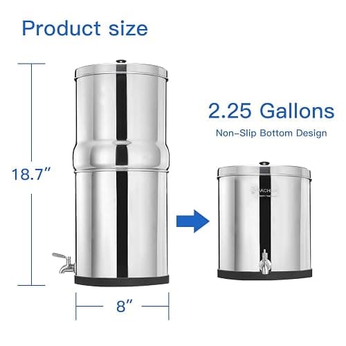 FACHIOO 2.25 Gallon Stainless Steel Gravity-Fed Water Filter System with 2 White Ceramics Purification Washable Filter, Portable Countertop Filter System for Home and Outdoor Camping Use thumbnail 4