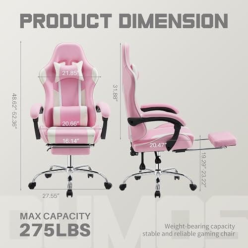 DUMOS Ergonomic Gaming Office Desk Chair with Footrest and Headrest for Adults, PU Leather Video Computer Chair with Linkage Armrests, Height Adjustable 360° Swivel Recling Chair, White Pink thumbnail 3
