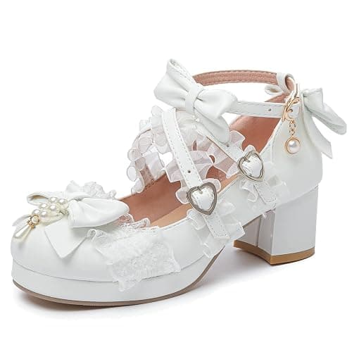 LUXMAX Women's Kawaii Shoes Cross Strap Pumps Cute Ankle Strap Mary Jane Shoes Wedding Lace Mid Chunky Heel Pumps - Image 1