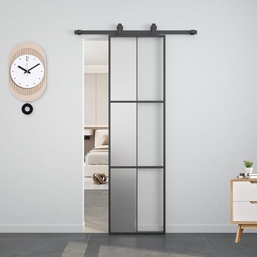 Barnsmith 24in x 84in Aluminum Glass Barn Door with 4.3FT Hardware, Frosted Tempered Glass, 6 Lattice, Lightweight Sliding Door, Easy Assembly - 24"x84" - Image 1