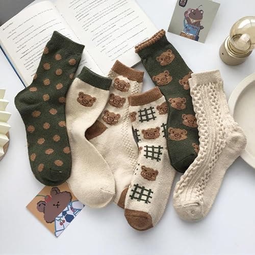 6 Pair Cute Cotton Kawaii Bear Ankle Socks - Preppy Ruffle Japanese Thick Fall Vintage Crew Socks for Women thumbnail 4