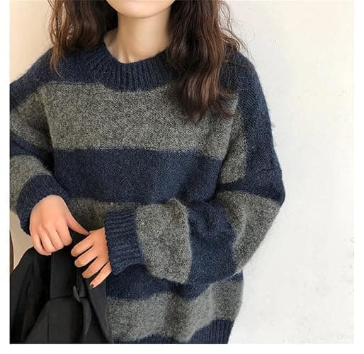 CENLLE Winter 90s Grunge Aesthetic Streetwear Sweater Retro Y2k Vintage Gothic Loose Women Knit Pullover Striped Jumper - One Size - Blue07 thumbnail 4