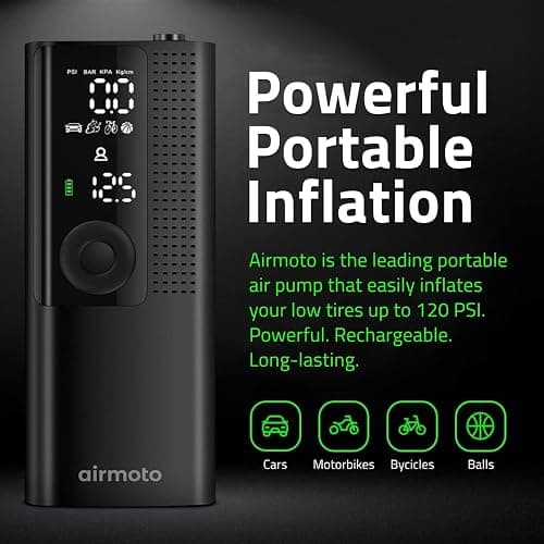 Airmoto Tire Inflator Portable Air Compressor - Air Pump For Car Tires with Digital Pressure Gauge, LED Light and Auto Shut-Off Function - Cordless Pump for Car, Motorcycle, Bicycle, Ball thumbnail 2