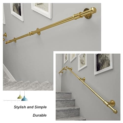 Main courante dorée pour escalier,1,5 m 2 m 2,5 m 3 m Kit complet de garde-corps d'escalier | Main courante d'escalier fixée au mur de barre de support, conception de conduite d'eau de fer en métal thumbnail 4