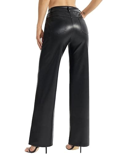 VILIGO Women's Faux Leather Pants Button PU Jeans Straight Wide Leg Trousers with Pockets thumbnail 5
