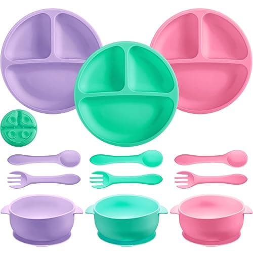 CHENGU 12 Pcs Silicone Bowl with Suction Set for Baby Toddler with Suction Plate, Spoon and Fork, Divided Design Baby Feeding Utensils Weaning Kit, Dishwasher and Microwave Safe - Image 1