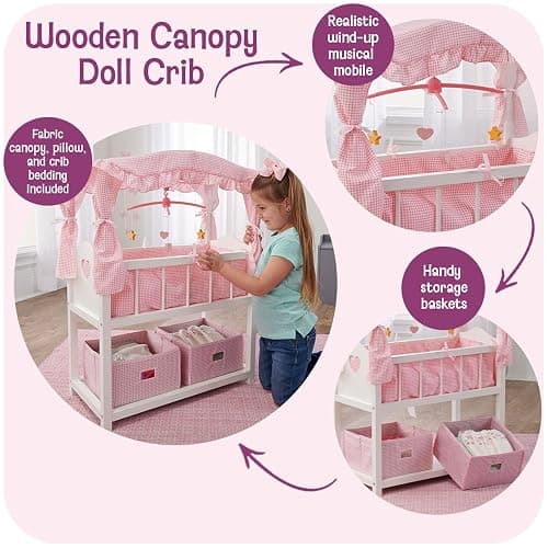 Badger Basket Doll Crib with Bedding, Storage Baskets, Mobile & Personalization Kit - Ideal Nursery Set for Dolls Up to 22 Inches, Best for Doll Accessories & Playtime - White/Pink thumbnail 3