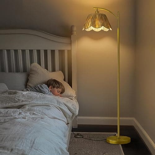 Oneach Arc Floor Lamp for Living Room,Rattan Boho Floor Lamp Decor with Hand-Woven Shade, Foot Switch,Gold Metal Base & Pole,Farmhouse Standing Lamp for Bedroom Corner,Reading thumbnail 6
