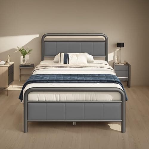 soges Twin Platform Bed with Upholstered Headboard and Footboard, Heavy Duty Metal Slats Support Bed Frame, No Box Spring Needed, Under-Bed Storage, Noise Free, Easy Assembly, Grey - Image 1