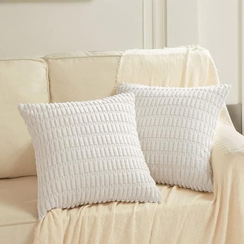 Fancy Homi 2 Packs Pure White Decorative Throw Pillow Covers 18x18 Inch for Living Room Couch Bed Sofa, Rustic Farmhouse Boho Home Decor, Soft Striped Corduroy Square Cushion Case 45x45 cm - Image 1