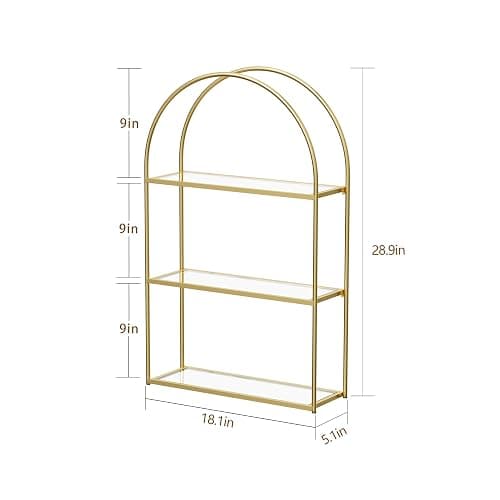Crofy 3-Tier Arched Wall Shelf with Gold Frame & Transparent Shelves | Sturdy Tempered Clear Glass Shelves with Ample Storage Space; Decor for Living Room, Bath, Kitchen, Vanity & Home Office thumbnail 3