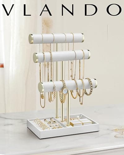 Vlando 3 Tier Bracelet Holder 0rganizer with Tray - Leather Jewelry Stand Organizer for Women - Jewelry Holder Display for Necklace, Watches, Rings, Earrings, Bangle, Scrunchie - White - White thumbnail 2